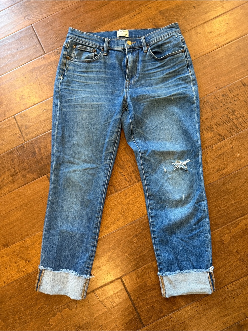 J. Crew Boyfriend Jeans in Medium Blue with Distressed Detail